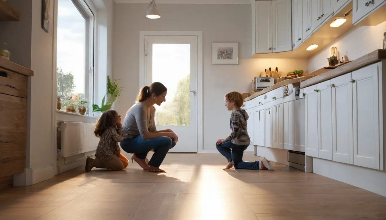 Provider checking a kitchen baseboard for pests in a Logan home